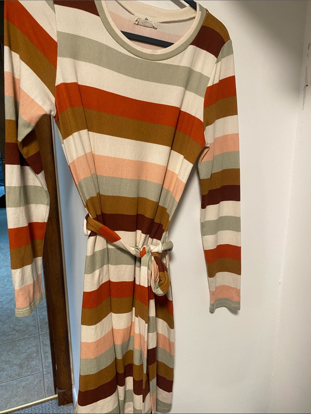 Striped Long Sleeve Belted Maxi Dress in Cream, Olive & Rust